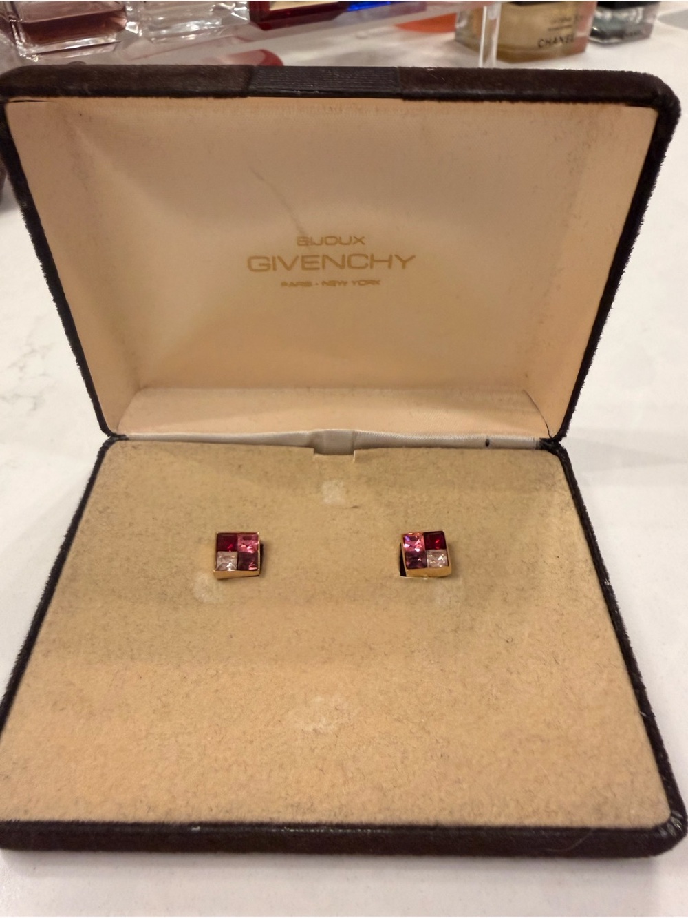 Givenchy Gold-Tone Square Stud Earrings with Pink Crystals
